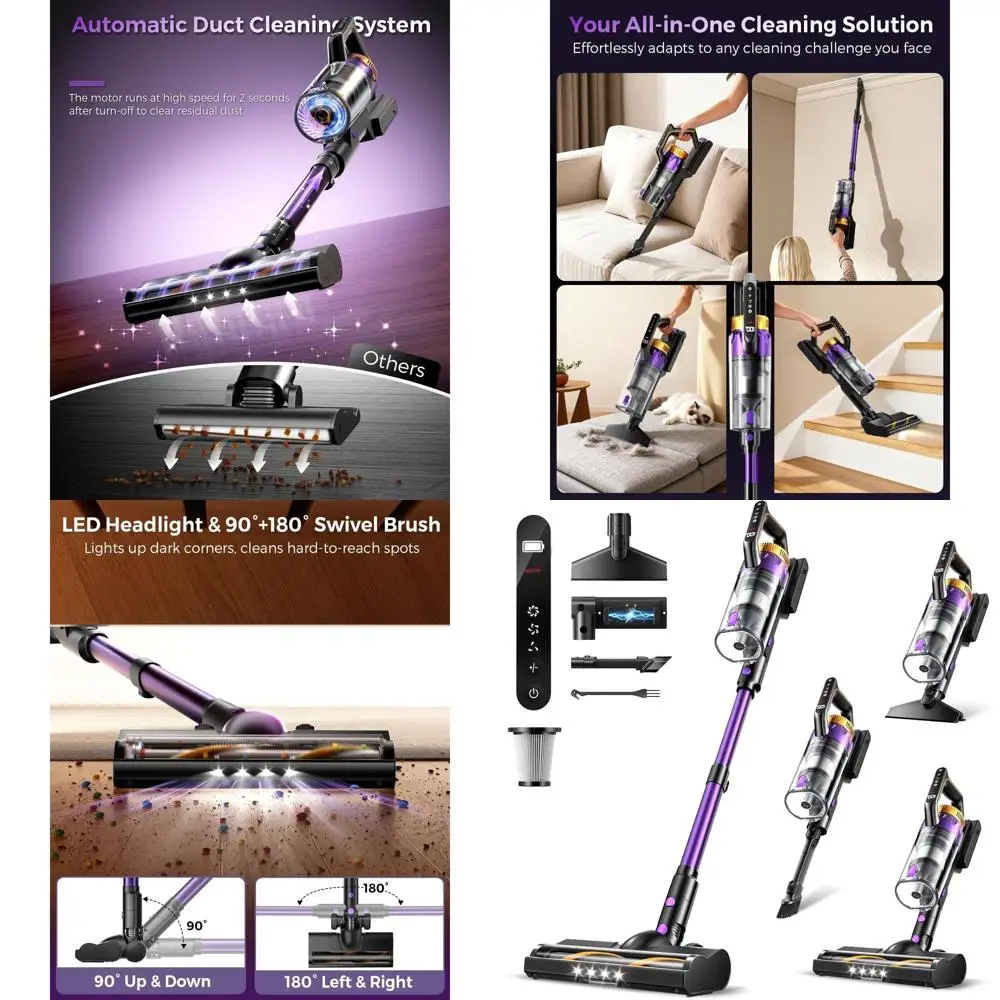 Lightweight 580W 48Kpa Cordless Vacuum with 65 Min Battery, LED Lights, Screen, Wall Mount, and Removable Handheld for Pet Hair,
Lightweight 580W 48Kpa Cordless Vacuum with 65 Min Battery, LED Lights, Screen, Wall Mount, and Removable Handheld for Pet Hair,