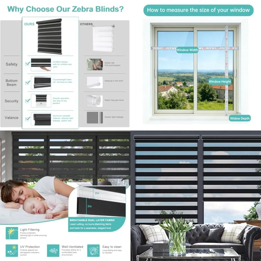 Cordless Zebra Blinds for Windows, Modern Dual Layer Zebra Blinds with Light Filtering & Privacy Control,Easy Install Zebra Blinds for Indoor Windows,(24" W×72" H,Black)
Cordless Zebra Blinds for Windows, Modern Dual Layer Zebra Blinds with Light Filtering & Privacy Control,Easy Install Zebra Blinds for Indoor Windows,(24" W×72" H,Black)