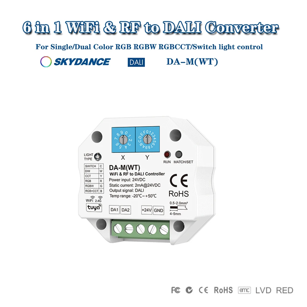 Skydance DA-M (WT) WiFi + 2,4 ГГц RF в DALI преобразователь Tuya APP Control Dim для одноцветного/двухцветного контроллера полос RGB RGBW RGBCCT
Skydance DA-M (WT) WiFi + 2,4 ГГц RF в DALI преобразователь Tuya APP Control Dim для одноцветного/двухцветного контроллера полос RGB RGBW RGBCCT
