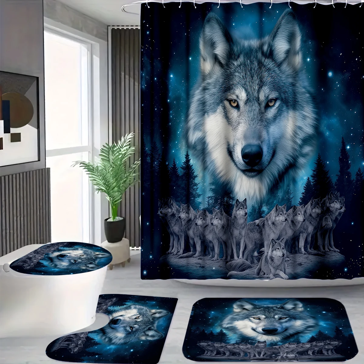 4Pcs Wolf Family Shower Curtain Set with Hooks, Galaxy Forest Print Waterproof Mildew Resistant Fabric Bath Mat for Family Bathroom Home Decor
4Pcs Wolf Family Shower Curtain Set with Hooks, Galaxy Forest Print Waterproof Mildew Resistant Fabric Bath Mat for Family Bathroom Home Decor