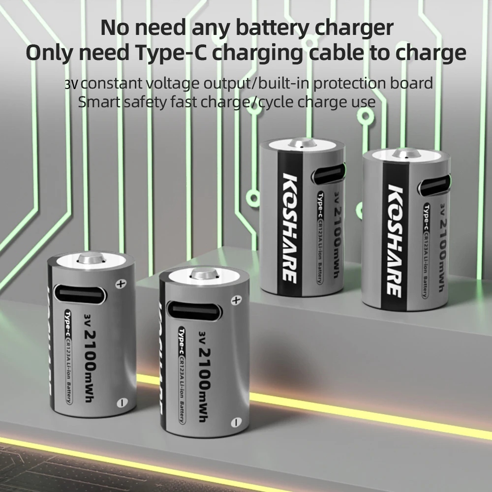 KOSHARE CR123A 3V Rechargeable Lithium Batteries 2100mWh Li-ion Battery With USB Type-C Cable For Flashlight Electronic Toys
KOSHARE CR123A 3V Rechargeable Lithium Batteries 2100mWh Li-ion Battery With USB Type-C Cable For Flashlight Electronic Toys