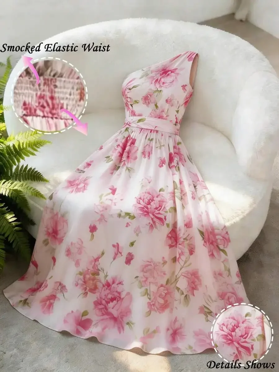 Elegant Pink Peony Print Asymmetrical Hem Chiffon Maxi Dress For Women
Elegant Pink Peony Print Asymmetrical Hem Chiffon Maxi Dress For Women