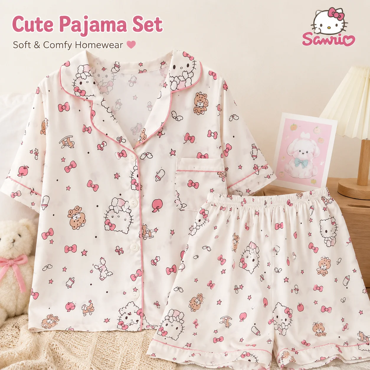 Sanrio Hello Kitty Cartoon Print Pajama Set Lapel Button Front Chest Pocket Sleep Top Silky Cool Skin Fabric Women Summer Home
Sanrio Hello Kitty Cartoon Print Pajama Set Lapel Button Front Chest Pocket Sleep Top Silky Cool Skin Fabric Women Summer Home