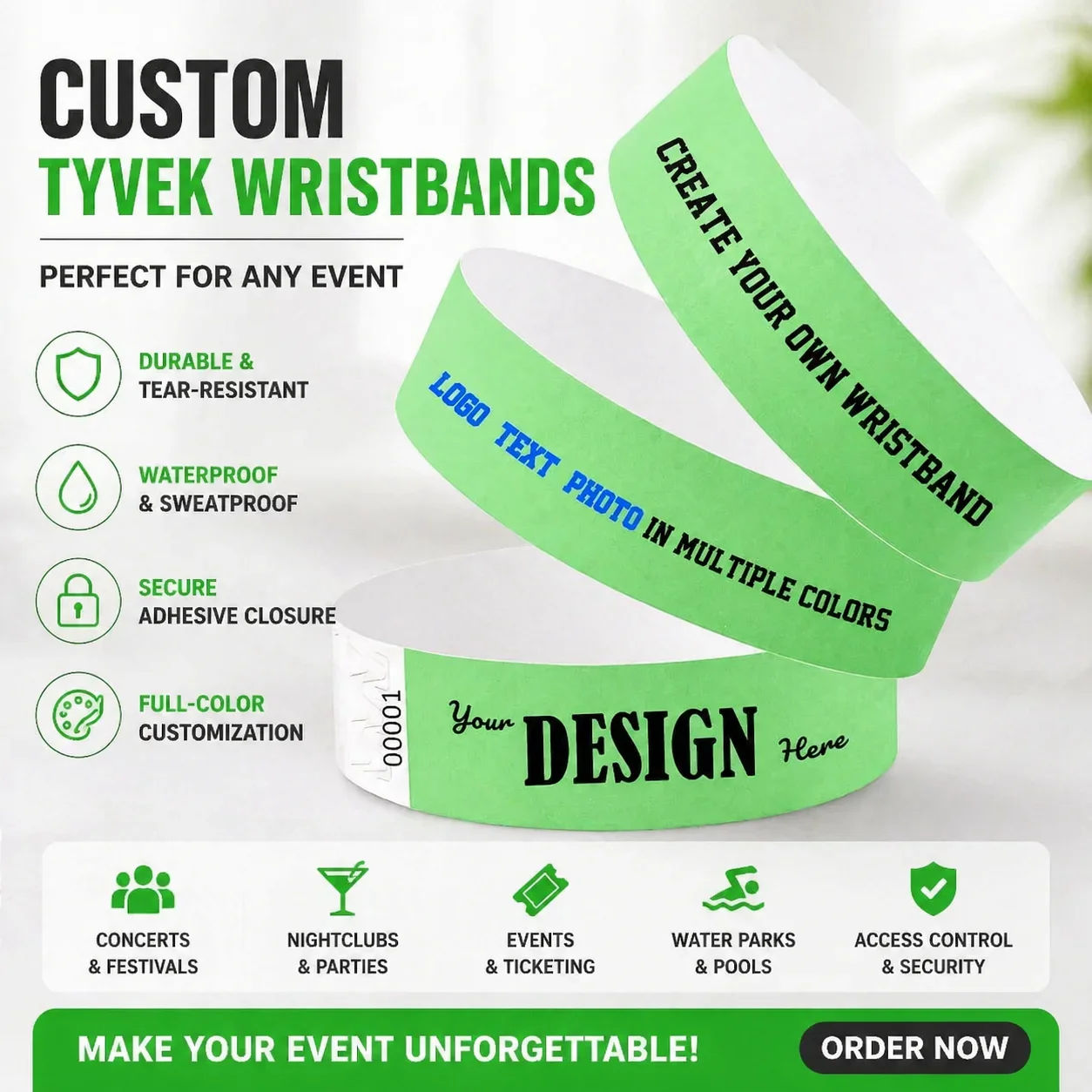 Custom Wristbands Paper Tickets Party Band Personalized Wristbands for Events Tear-Resistant Waterproof Tyvek Dobon Bracelet
Custom Wristbands Paper Tickets Party Band Personalized Wristbands for Events Tear-Resistant Waterproof Tyvek Dobon Bracelet