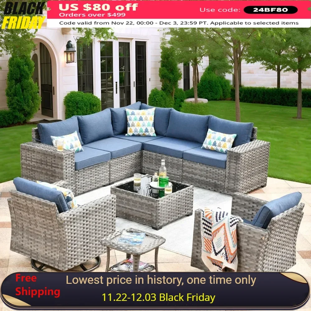 Outdoor Sectional Sofa 9 Pieces, Sofa with Swivel Rocking Chairs, Wide Arms and Deep Seat, Wicker Rattan Patio Furniture Set
Outdoor Sectional Sofa 9 Pieces, Sofa with Swivel Rocking Chairs, Wide Arms and Deep Seat, Wicker Rattan Patio Furniture Set
