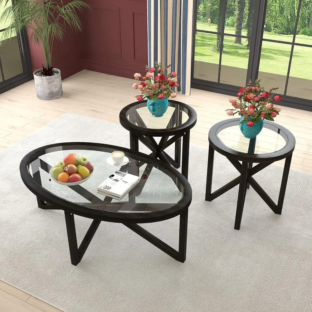3-Piece Black Glass Coffee Table Set with Tempered Glass Tops and Solid Wood Bases for Living Room
3-Piece Black Glass Coffee Table Set with Tempered Glass Tops and Solid Wood Bases for Living Room