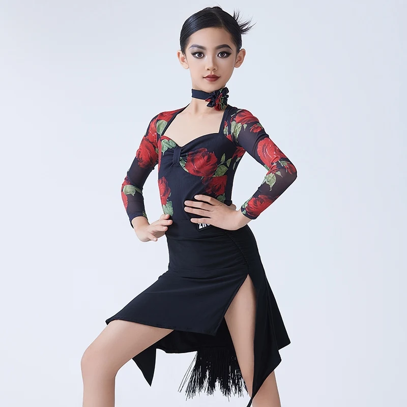 Girls Latin Dance Clothes Rose Tops Black Fringe Skirt Long Sleeves Practice Clothing Cha Cha Rumba Performance Dresses DNV21601
Girls Latin Dance Clothes Rose Tops Black Fringe Skirt Long Sleeves Practice Clothing Cha Cha Rumba Performance Dresses DNV21601