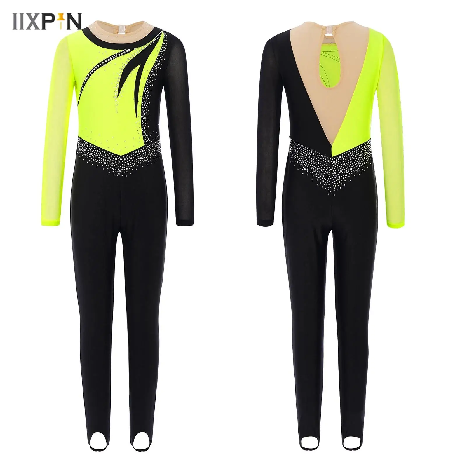 Kids Girls Gymnastics Performance Costumes Mesh Patchwork Long Sleeves Keyhole Back Shiny Rhinestones Color Block Dance Jumpsuit
Kids Girls Gymnastics Performance Costumes Mesh Patchwork Long Sleeves Keyhole Back Shiny Rhinestones Color Block Dance Jumpsuit