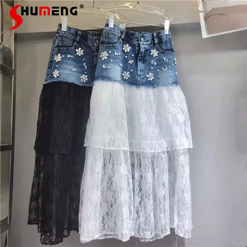 Chic Diamond-encrusted Design Women's 2026 New Skirts Loose Lace Splicing Denim Skirts Feminine Color Matching A-line Cake Skirt
Chic Diamond-encrusted Design Women's 2026 New Skirts Loose Lace Splicing Denim Skirts Feminine Color Matching A-line Cake Skirt