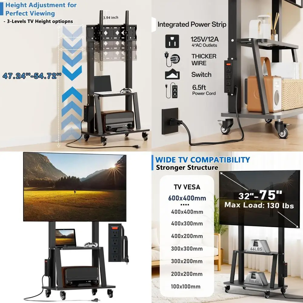 Передвижная телевизионная тележка с регулируемой высотой для телевизоров 32-75 дюймов, с розеткой, 15 ° Наклон, максимальная нагрузка 130 фунтов, VESA 600x400
Передвижная телевизионная тележка с регулируемой высотой для телевизоров 32-75 дюймов, с розеткой, 15 ° Наклон, максимальная нагрузка 130 фунтов, VESA 600x400