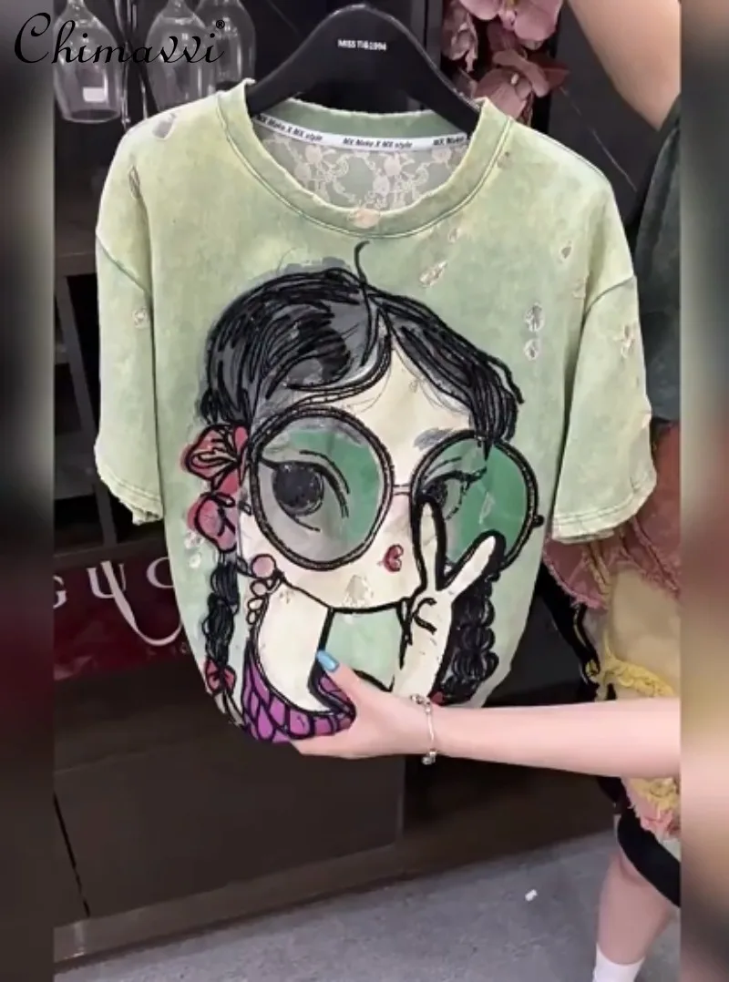 2025 Summer New Heavy Ripped Lace Cartoon Girl Short-sleeved T-shirt Women's Fashion Round Neck Loose Casual Personalized Top
2025 Summer New Heavy Ripped Lace Cartoon Girl Short-sleeved T-shirt Women's Fashion Round Neck Loose Casual Personalized Top