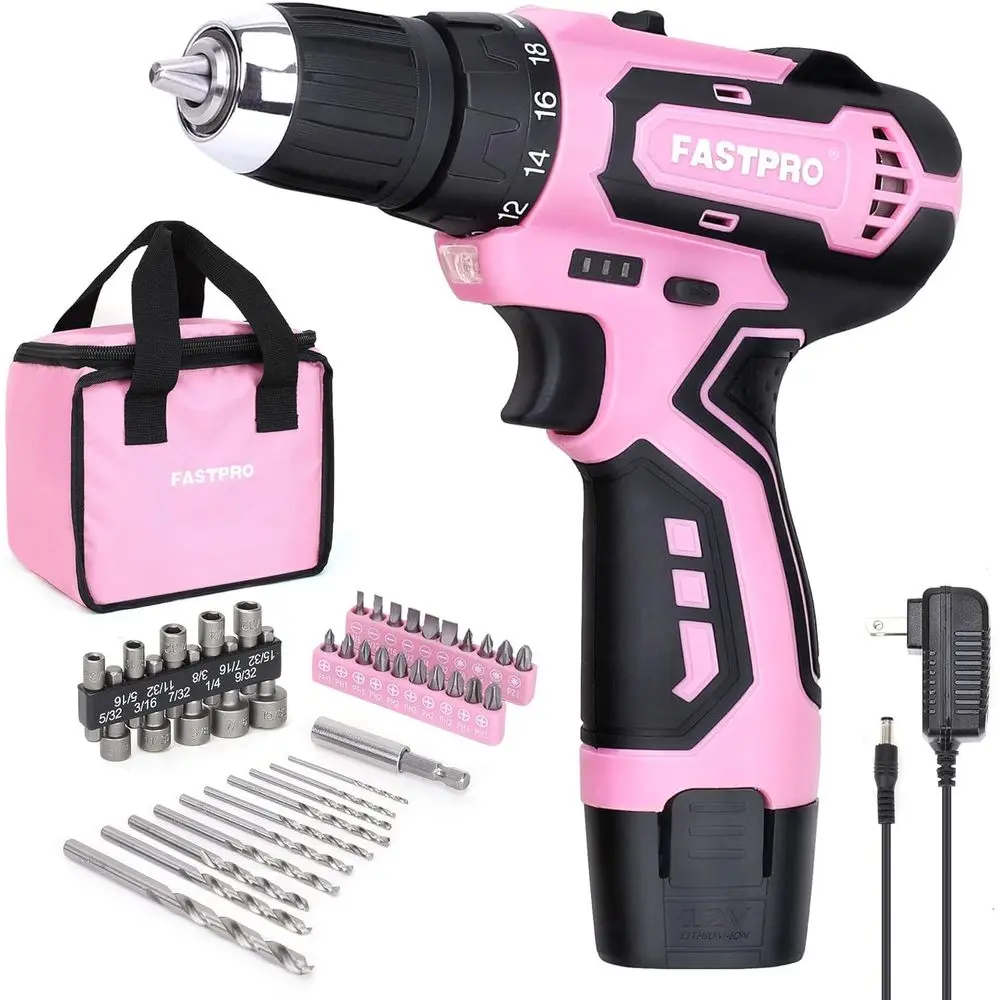 42-Piece 12V Pink Drill Kit, 3/8 in. Lithium-ion Cordless Drill Driver with 1.5 Ah Batteries and Tool Bag
42-Piece 12V Pink Drill Kit, 3/8 in. Lithium-ion Cordless Drill Driver with 1.5 Ah Batteries and Tool Bag