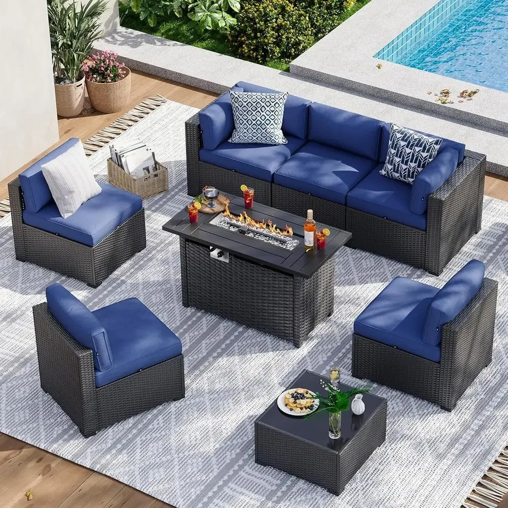 8-Piece Patio Furniture Set with 44 Fire Pit Table, Wicker Sectional Sofa, Plush Cushions, Blue
8-Piece Patio Furniture Set with 44 Fire Pit Table, Wicker Sectional Sofa, Plush Cushions, Blue