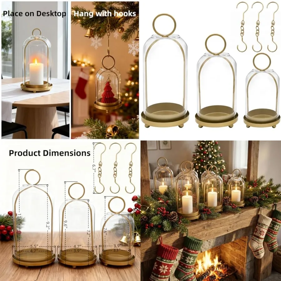 3 Pack Metal Candle Holders with Glass Dome, 5.5" and 4.7" and 3.9" Wide Candlestick Holders Set, Versatile Hurricane Lanterns
3 Pack Metal Candle Holders with Glass Dome, 5.5" and 4.7" and 3.9" Wide Candlestick Holders Set, Versatile Hurricane Lanterns