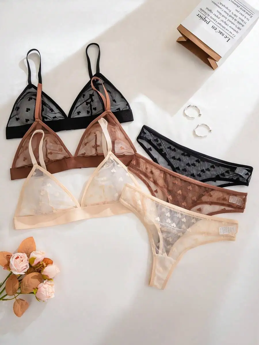 6-Piece Sheer Mesh Triangle Bra & Panty Set with Heart Pattern
6-Piece Sheer Mesh Triangle Bra & Panty Set with Heart Pattern