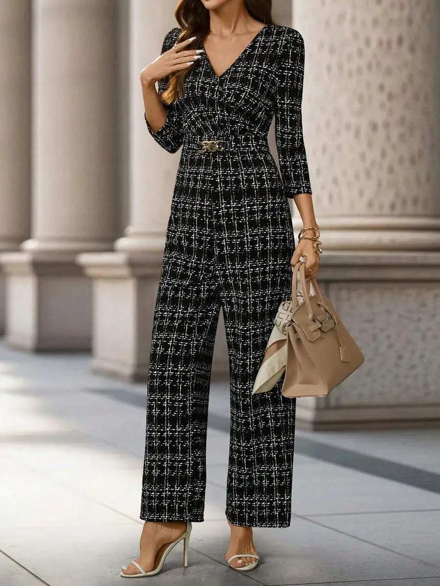 Women V-Neck 3/4 Sleeve Plaid Jumpsuit With Belted Waist Slim Straight Leg Office Wear
Women V-Neck 3/4 Sleeve Plaid Jumpsuit With Belted Waist Slim Straight Leg Office Wear