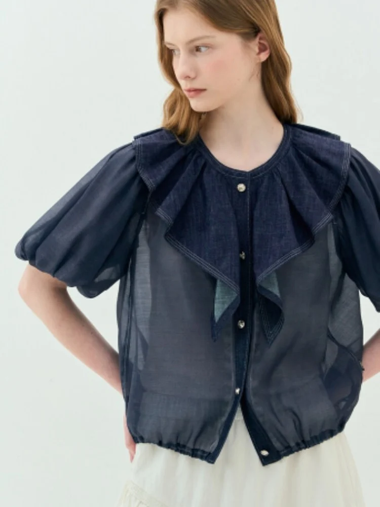 Fashionable Loose Bubble Sleeve Chiffon Denim Patchwork Shirt Korean Style Casual Wear Breathable Cotton Short Sleeve Top
Fashionable Loose Bubble Sleeve Chiffon Denim Patchwork Shirt Korean Style Casual Wear Breathable Cotton Short Sleeve Top
