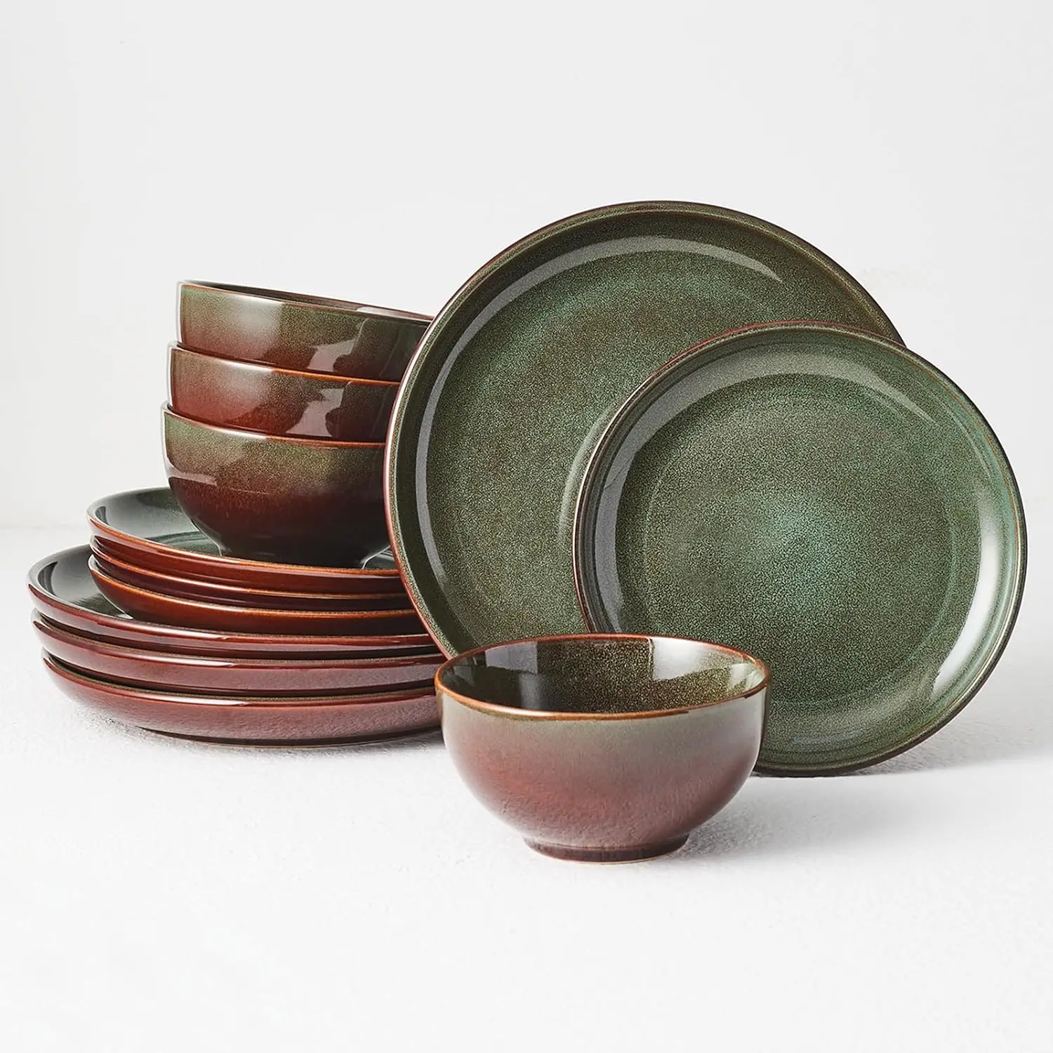 Stoneware Dinnerware Set for 4, 12pcs Reactive Glaze Plates & Bowls, Handmade Ceramic, Chip Resistant, Brown Green
Stoneware Dinnerware Set for 4, 12pcs Reactive Glaze Plates & Bowls, Handmade Ceramic, Chip Resistant, Brown Green