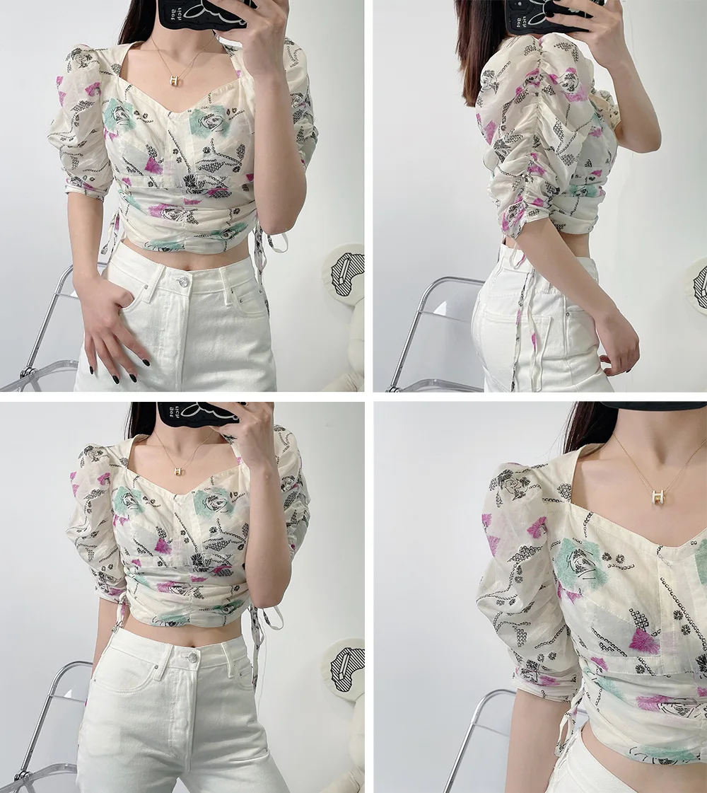 2023 Summer New Women's Printed Bubble Sleeves Short Shirt Female Neck Drawstring Waist Show Thin Blouse Top
2023 Summer New Women's Printed Bubble Sleeves Short Shirt Female Neck Drawstring Waist Show Thin Blouse Top