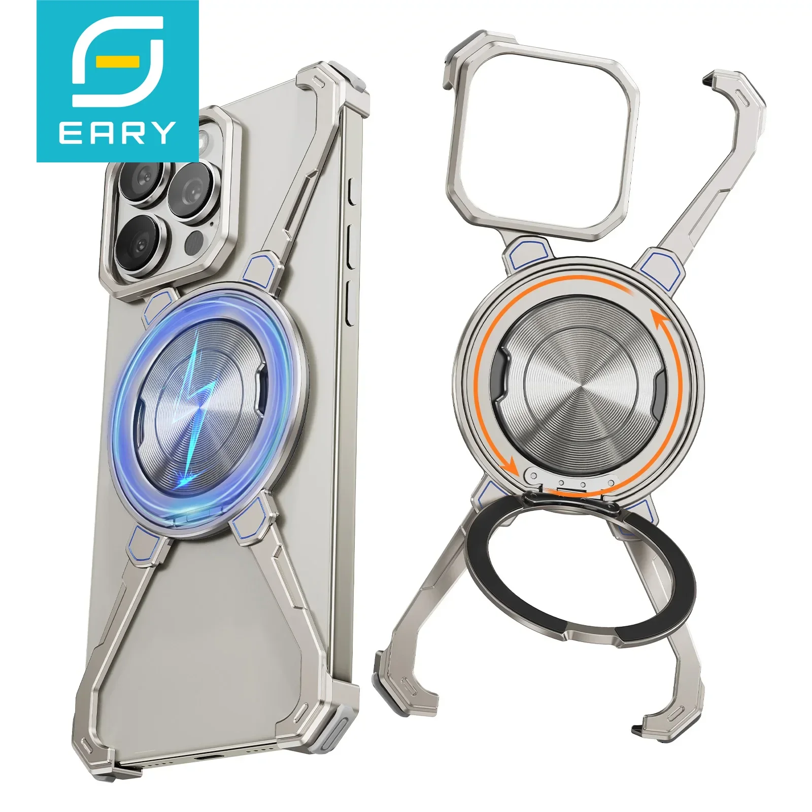 Eary X Shape Frameless Case for iPhone 16 Pro Max with Ring Stand 360° Rotatable Bezel Less Metal Shockproof Bumper Phone Cover
Eary X Shape Frameless Case for iPhone 16 Pro Max with Ring Stand 360° Rotatable Bezel Less Metal Shockproof Bumper Phone Cover
