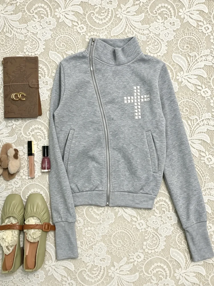 2026 Women Grey Studded Cross Asymmetric Zip Up Sweatshirt Goth Streetwear Jacket
2026 Women Grey Studded Cross Asymmetric Zip Up Sweatshirt Goth Streetwear Jacket