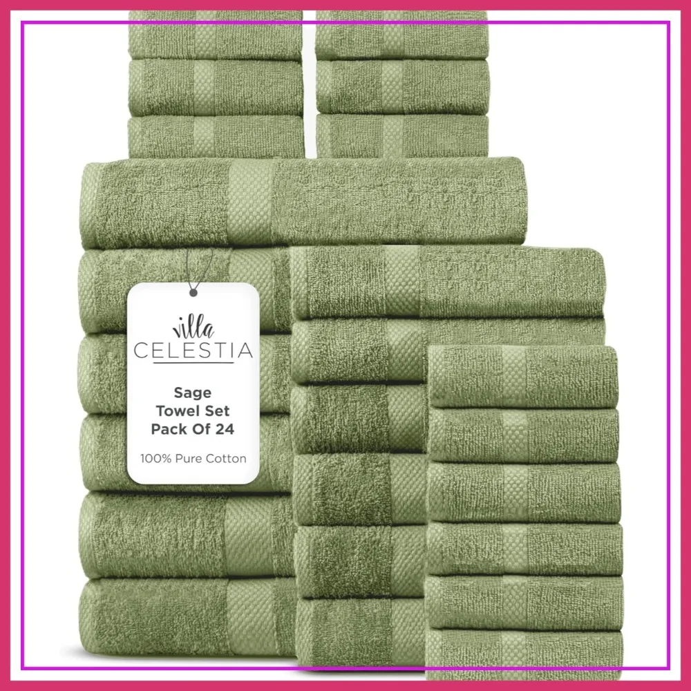 24 Piece Cotton Towel Set - 6 Bath Towels, 6 Hand Towels, 12 Washcloths - Soft, Absorbent, Quick-Dry - Sage
24 Piece Cotton Towel Set - 6 Bath Towels, 6 Hand Towels, 12 Washcloths - Soft, Absorbent, Quick-Dry - Sage