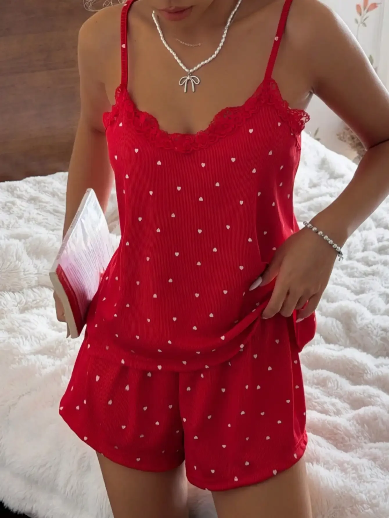 Women's Pajama Set, Knitted Rib Fabric, Heart Print Patchwork With Lace Trim, Romantic Sweet Cute Sexy Camisole A
Women's Pajama Set, Knitted Rib Fabric, Heart Print Patchwork With Lace Trim, Romantic Sweet Cute Sexy Camisole A