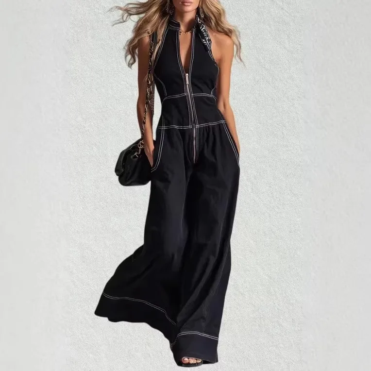 Women's Summer Jumpsuit Sleeveless Cropped Romper Wide Leg Pants Navy Blue Halter Neck Front Zipper Black Jumpsuits
Women's Summer Jumpsuit Sleeveless Cropped Romper Wide Leg Pants Navy Blue Halter Neck Front Zipper Black Jumpsuits