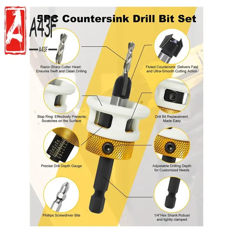 A43F-5Pcs Hex Shank Countersink Drill Bits Set With Low Friction Depth Stop,1/4 Inch Quick Change Hex Shank Countersink Drill
A43F-5Pcs Hex Shank Countersink Drill Bits Set With Low Friction Depth Stop,1/4 Inch Quick Change Hex Shank Countersink Drill