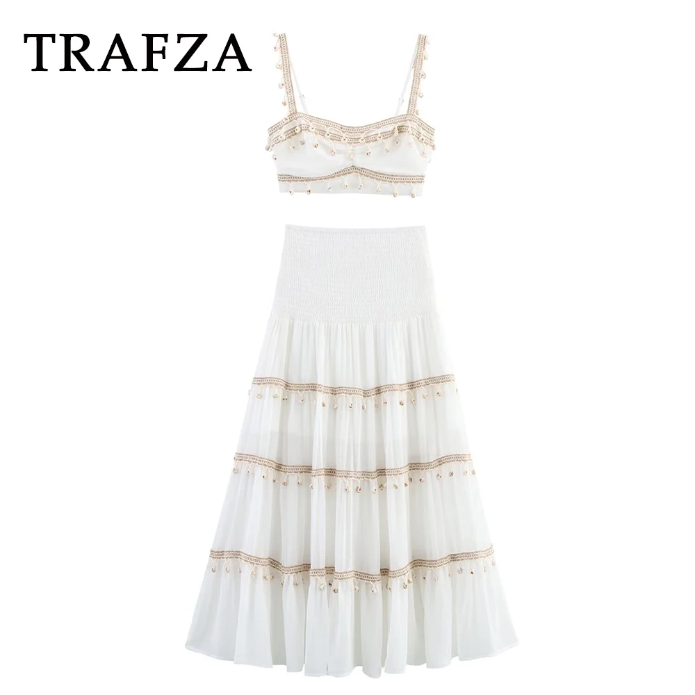 TRAFZA Chic Holiday Woman Suit Sexy Mini Camisole Tops+Elastic Waist A-Line Skirt Fashion 202S Summer Y2K Casual Mujer Set
TRAFZA Chic Holiday Woman Suit Sexy Mini Camisole Tops+Elastic Waist A-Line Skirt Fashion 202S Summer Y2K Casual Mujer Set
