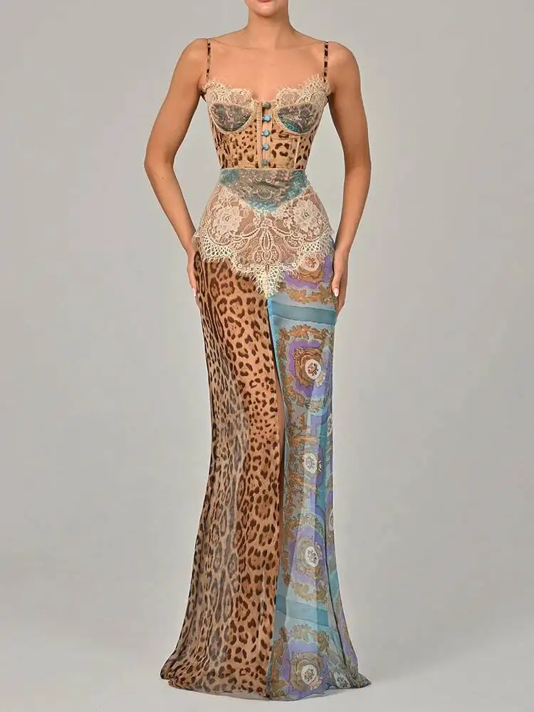 Leopard Print Lace Split Sexy Maxi Women Gown Elegant Patchwork Chiffon Sleeveless Backless Beach Evening Dress
Leopard Print Lace Split Sexy Maxi Women Gown Elegant Patchwork Chiffon Sleeveless Backless Beach Evening Dress