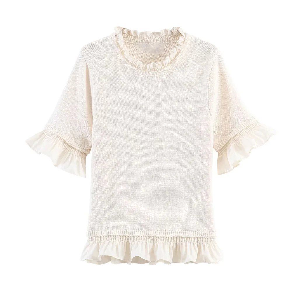 WOMAN 2026 summer new fashionable slim fit round neck patchwork knitted short sleeved retro white chic women's shirt Mujer
WOMAN 2026 summer new fashionable slim fit round neck patchwork knitted short sleeved retro white chic women's shirt Mujer