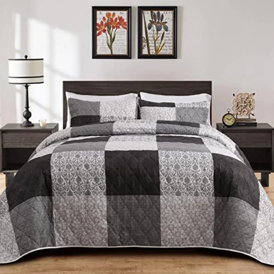 Oversized King 128x120 Bedspread for California King Bed Patchwork Plaid Black Coverlet Set with 2 Matching Shams Soft Lightwei
Oversized King 128x120 Bedspread for California King Bed Patchwork Plaid Black Coverlet Set with 2 Matching Shams Soft Lightwei