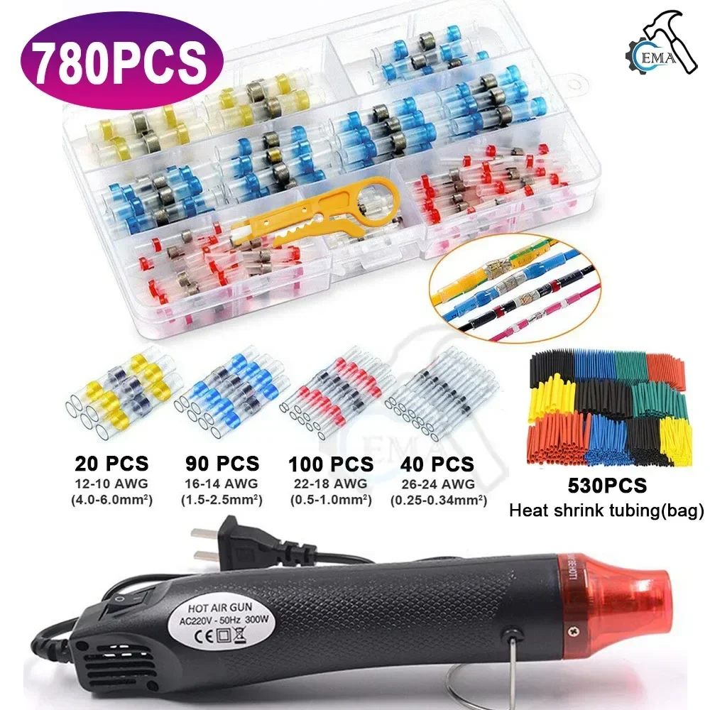 780PCS Solder Seal Wire Connector 530pcs Heat Shrink Tubing Butt Connector Kit Automotive Marine Insulated with 300W Hot Air Gun
780PCS Solder Seal Wire Connector 530pcs Heat Shrink Tubing Butt Connector Kit Automotive Marine Insulated with 300W Hot Air Gun