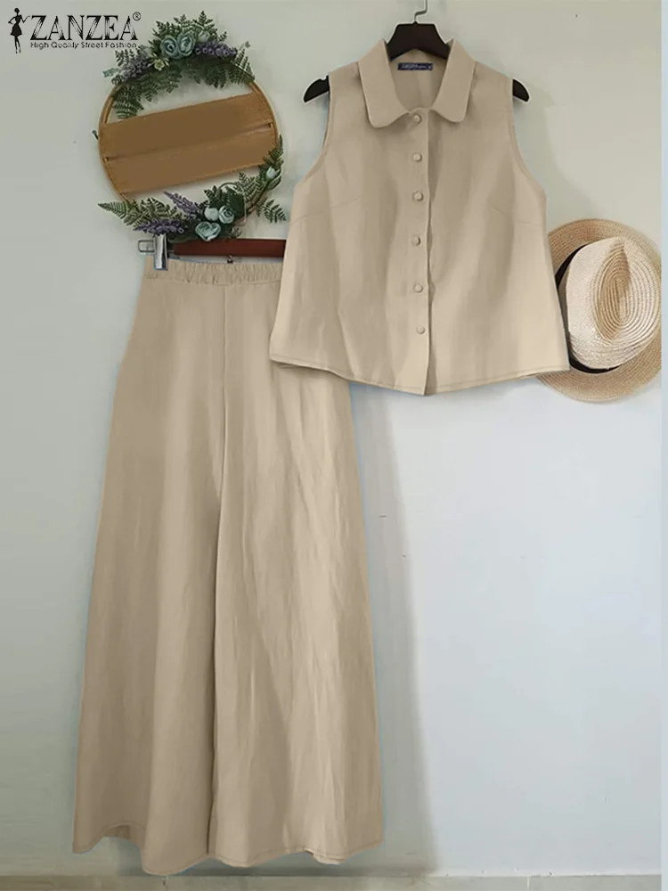 ZANZEA Turn-down Collar Sleeveless Shirt Solid Suits Trendy Casual Women Wide Leg Pant Pant Sets Commute Elegant 2pcs Outfits 
ZANZEA Turn-down Collar Sleeveless Shirt Solid Suits Trendy Casual Women Wide Leg Pant Pant Sets Commute Elegant 2pcs Outfits