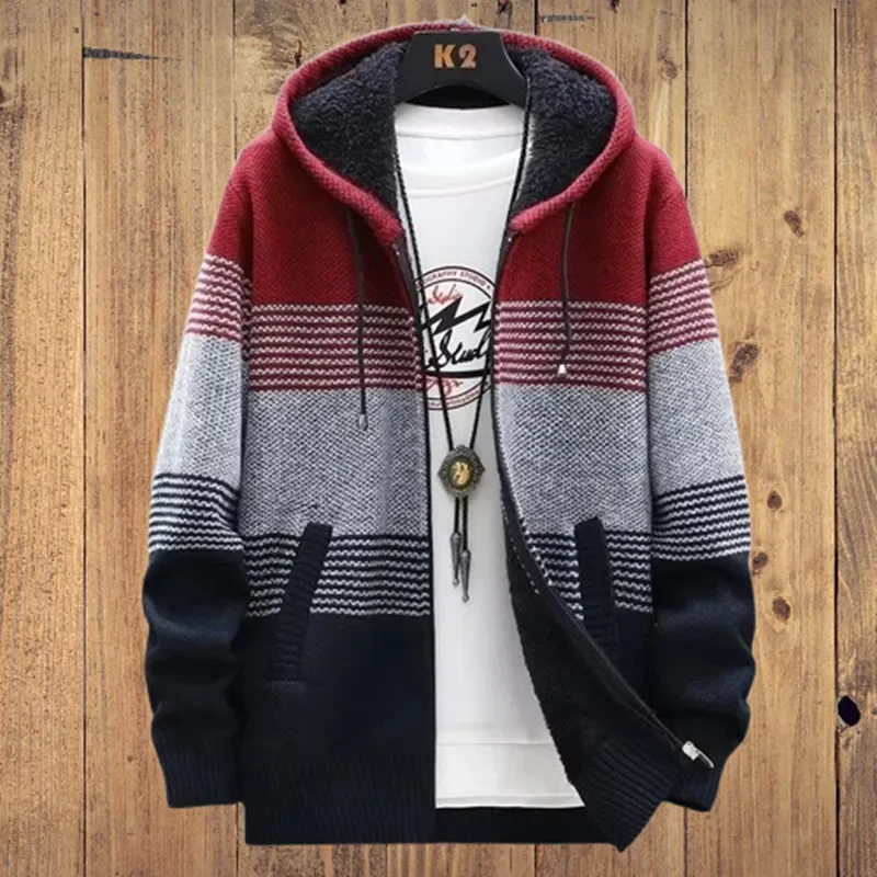 Cardigan Men Sweaters Coats Winter Fleece Knitted Sweater Jacket Mens Striped Sweater Coat Warm Zipper Wool Hooded Cardigan
Cardigan Men Sweaters Coats Winter Fleece Knitted Sweater Jacket Mens Striped Sweater Coat Warm Zipper Wool Hooded Cardigan