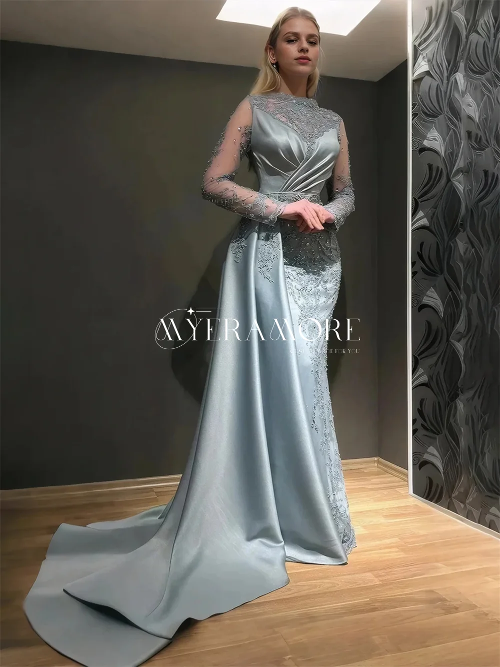 Elegant Long Sleeve Evening Dress for Women Dusty Blue O Neck Lace Applique Formal Gowns Prom Dresses For Wedding Customized
Elegant Long Sleeve Evening Dress for Women Dusty Blue O Neck Lace Applique Formal Gowns Prom Dresses For Wedding Customized
