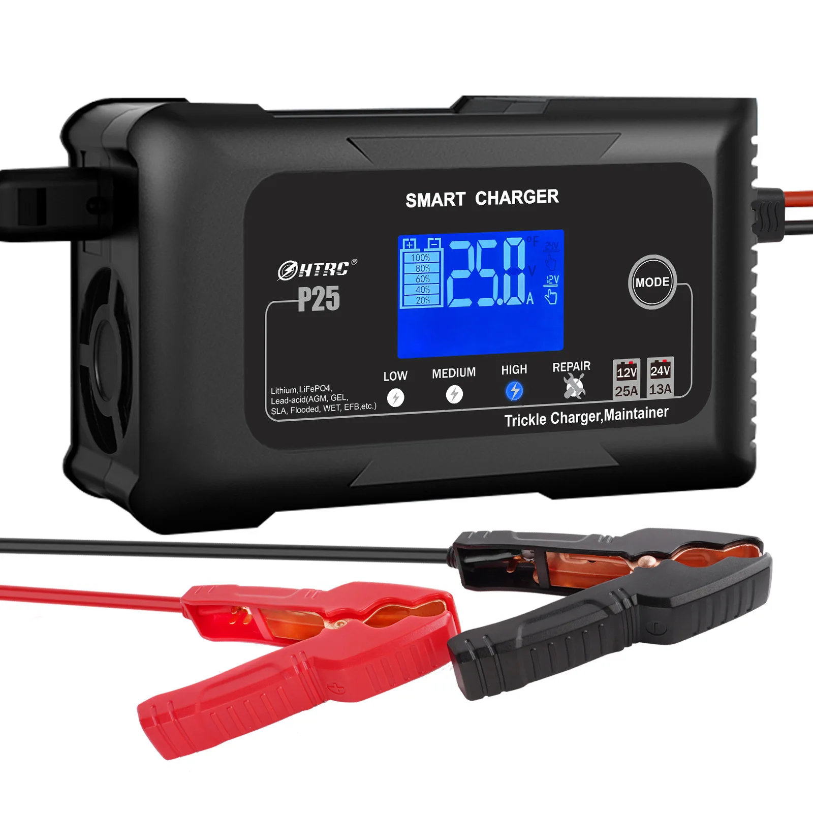 P25 Car and Motorcycle Battery Charger 12V 25A 24V 13A Lead-Acid Battery AGM Smart Charger
P25 Car and Motorcycle Battery Charger 12V 25A 24V 13A Lead-Acid Battery AGM Smart Charger