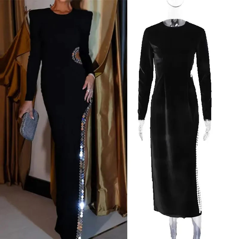 Hollow Out Velvet Dress Women O-neck Full Sleeves Slim Hip Packge Split Dresses 2025 Female Autumn Fashion Sequin Lady Robe
Hollow Out Velvet Dress Women O-neck Full Sleeves Slim Hip Packge Split Dresses 2025 Female Autumn Fashion Sequin Lady Robe