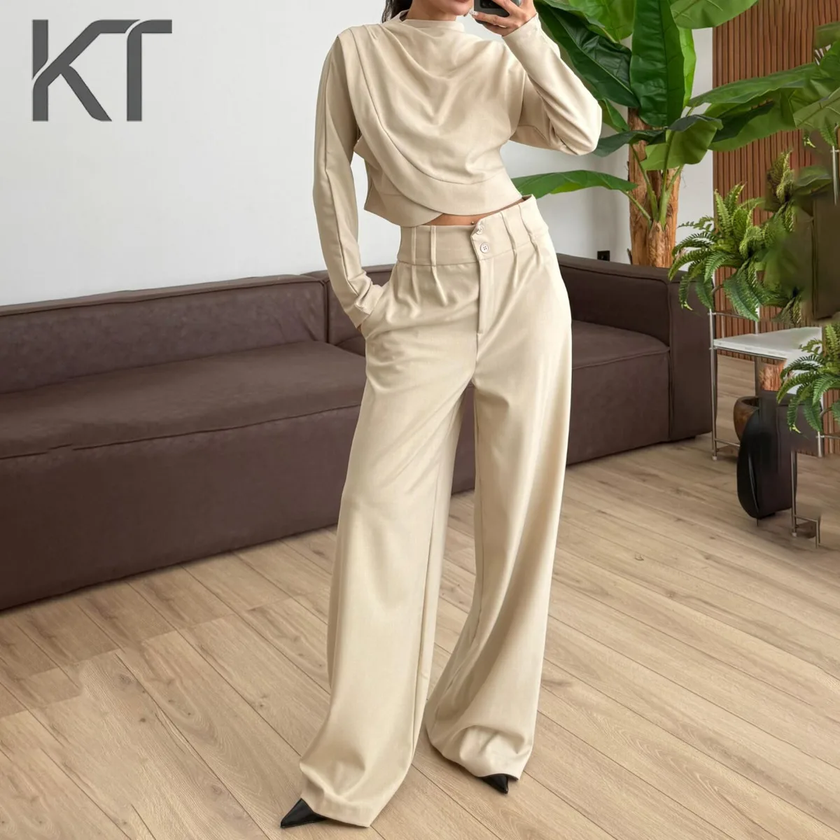 KT Elegant Minimalist Two Piece Set For Women Draped Neck Cropped Top & High Waist Wide Leg Pants Office & Casual Wear Suits
KT Elegant Minimalist Two Piece Set For Women Draped Neck Cropped Top & High Waist Wide Leg Pants Office & Casual Wear Suits