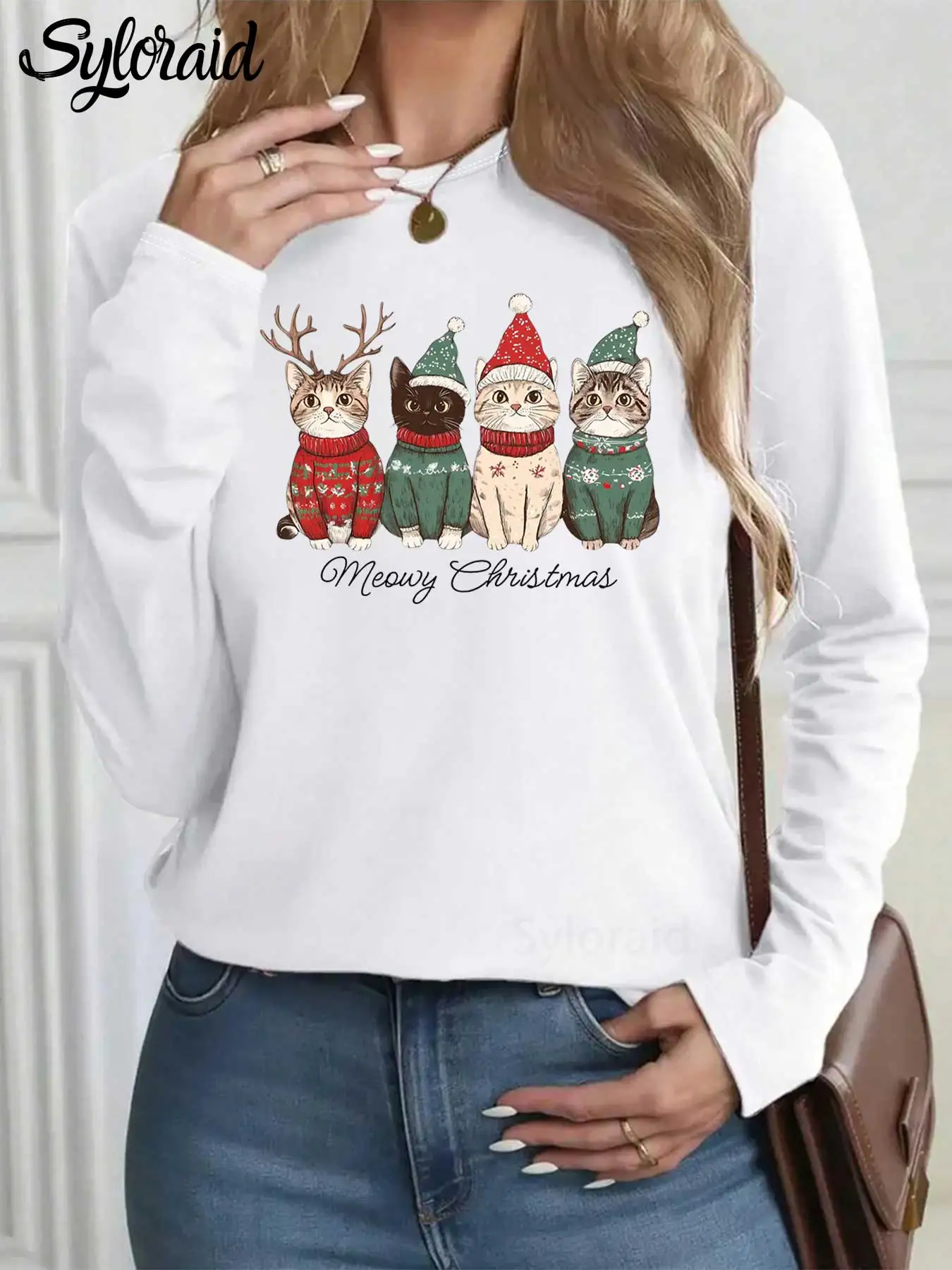 Women's Long Sleeve T Shirt Meowy Christmas Cat Print T Shirt Fashion Round Neck Casual Top
Women's Long Sleeve T Shirt Meowy Christmas Cat Print T Shirt Fashion Round Neck Casual Top