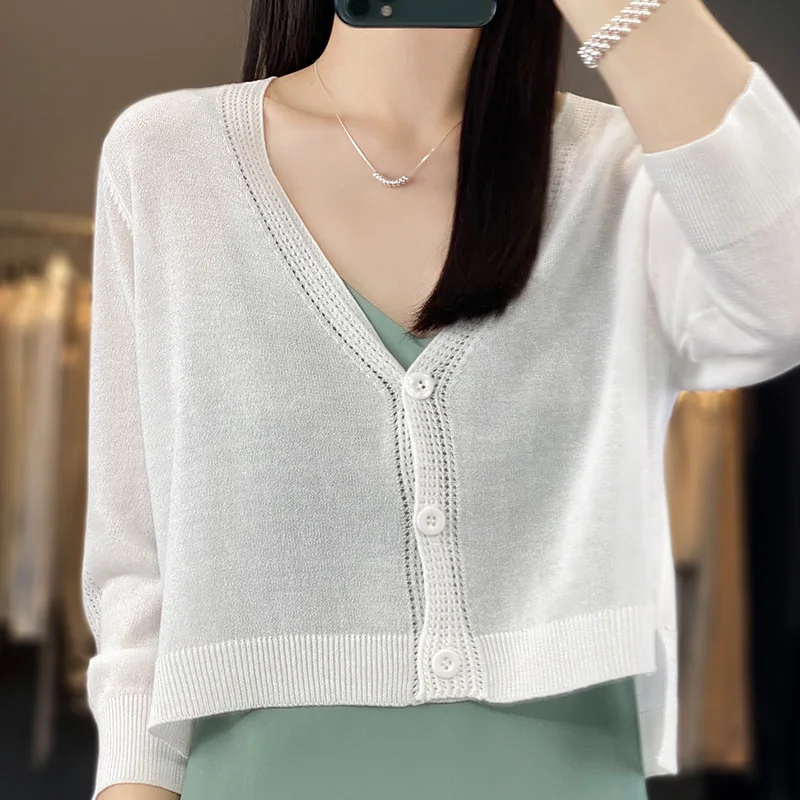 2024 Short Style V-neck Women's Summer Cardigans Linen Knitted Sweaters Lady's Soft Jumpers TR02
2024 Short Style V-neck Women's Summer Cardigans Linen Knitted Sweaters Lady's Soft Jumpers TR02