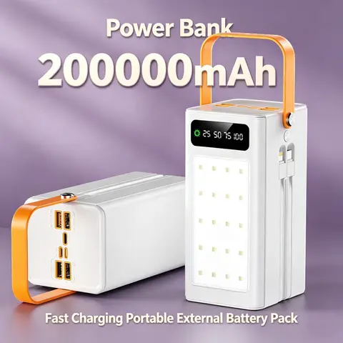 200000mAh Large Capacity Power Bank Fast Charging Built‑in Cables With Camping Lantern Portable External Battery Pack