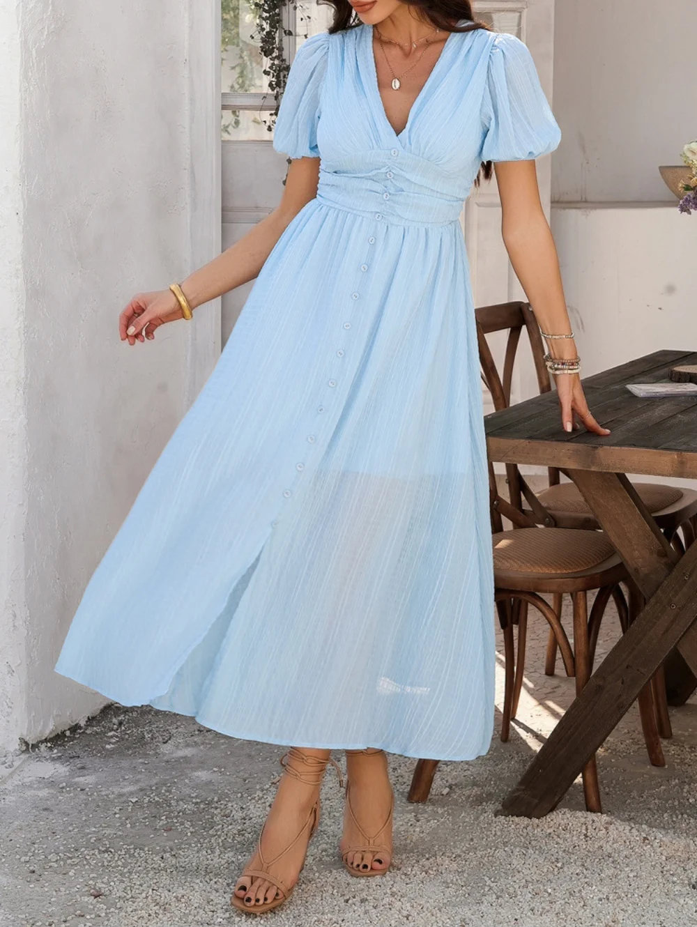 Women's Elegant Buttons V-neck Short Sleeves Dress High Waist Split Party Gown Solid Casual Maxi Dresses
Women's Elegant Buttons V-neck Short Sleeves Dress High Waist Split Party Gown Solid Casual Maxi Dresses