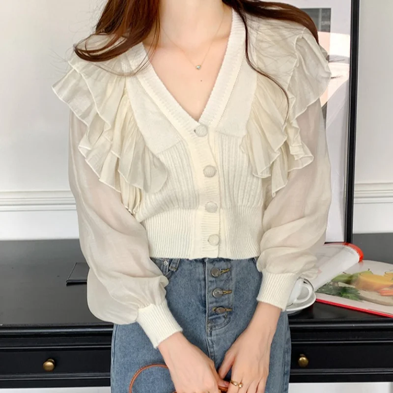 Women's Autumn and Winter Chic Temperament Chiffon Splicing Ruffles Sweater Fashion New Style Versatile Knitted Cardigan Blouse
Women's Autumn and Winter Chic Temperament Chiffon Splicing Ruffles Sweater Fashion New Style Versatile Knitted Cardigan Blouse