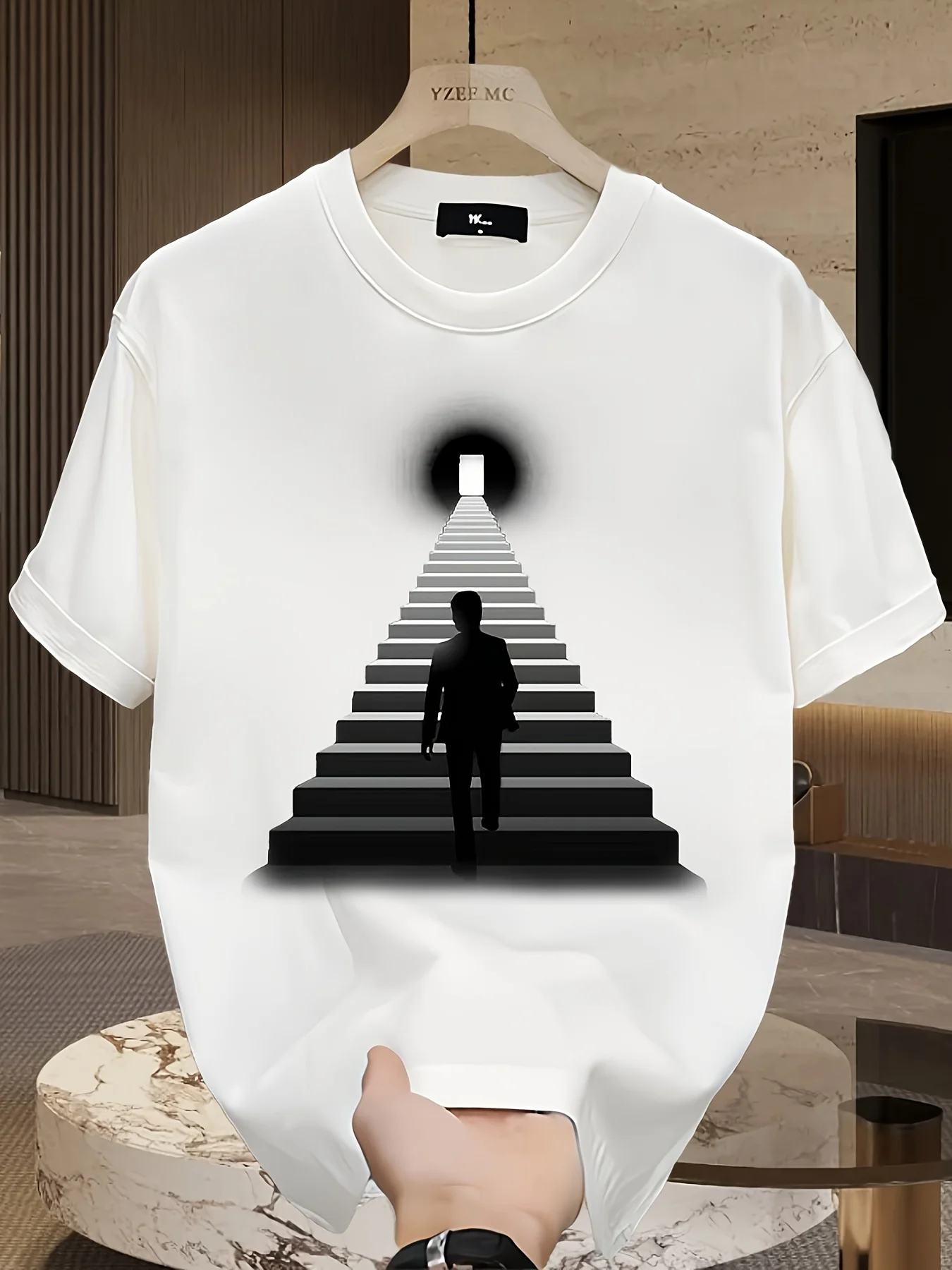 Heavyweight Men's Graphic T-Shirt - Black Geometric Staircase & Light Beam Design, Regular Fit Short Sleeve Casual Summer Tee
Heavyweight Men's Graphic T-Shirt - Black Geometric Staircase & Light Beam Design, Regular Fit Short Sleeve Casual Summer Tee