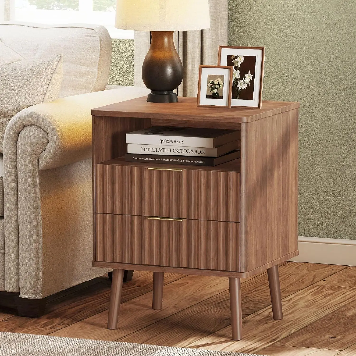 Mid Century Nightstand 2 Drawer Open Shelf Fluted Solid Wood Legs Metal Handle Bedroom Sofa Office Walnut Customized
Mid Century Nightstand 2 Drawer Open Shelf Fluted Solid Wood Legs Metal Handle Bedroom Sofa Office Walnut Customized