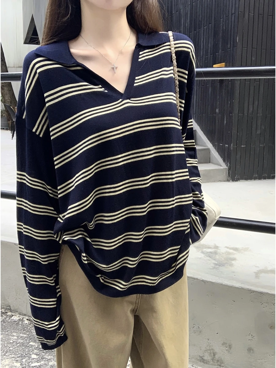 Retro Ladies Knitted Long Sve Ne Striped Casual Top Korean Sle Loose Fit Autumn New Arrival for Young Women
Retro Ladies Knitted Long Sve Ne Striped Casual Top Korean Sle Loose Fit Autumn New Arrival for Young Women