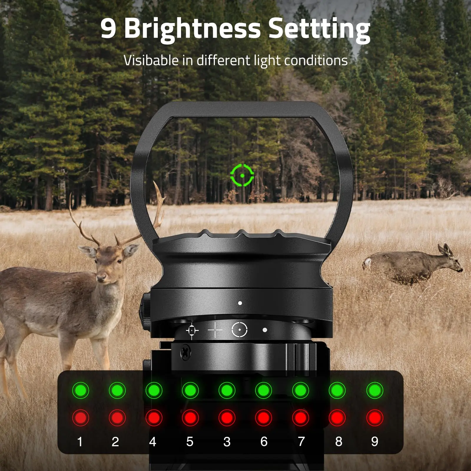 Hunting Red Green Dot Sight 4 Adjustable Reticle Reflex Holographic Sight 9 Brightness Settings for 20mm Rail Mount
Hunting Red Green Dot Sight 4 Adjustable Reticle Reflex Holographic Sight 9 Brightness Settings for 20mm Rail Mount