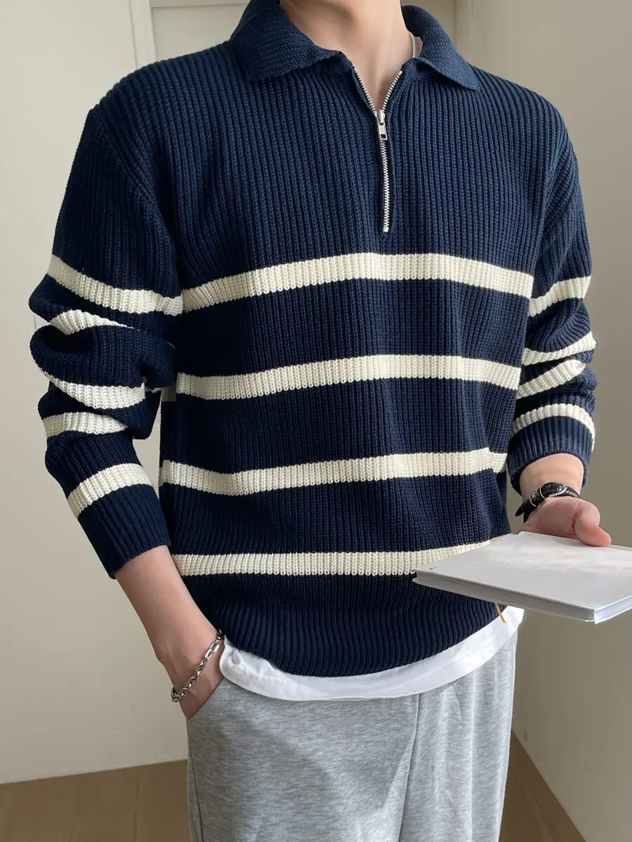 Men's Navy Blue Striped Quarter-Zip Knit Sweater with Ribbed Collar
Men's Navy Blue Striped Quarter-Zip Knit Sweater with Ribbed Collar